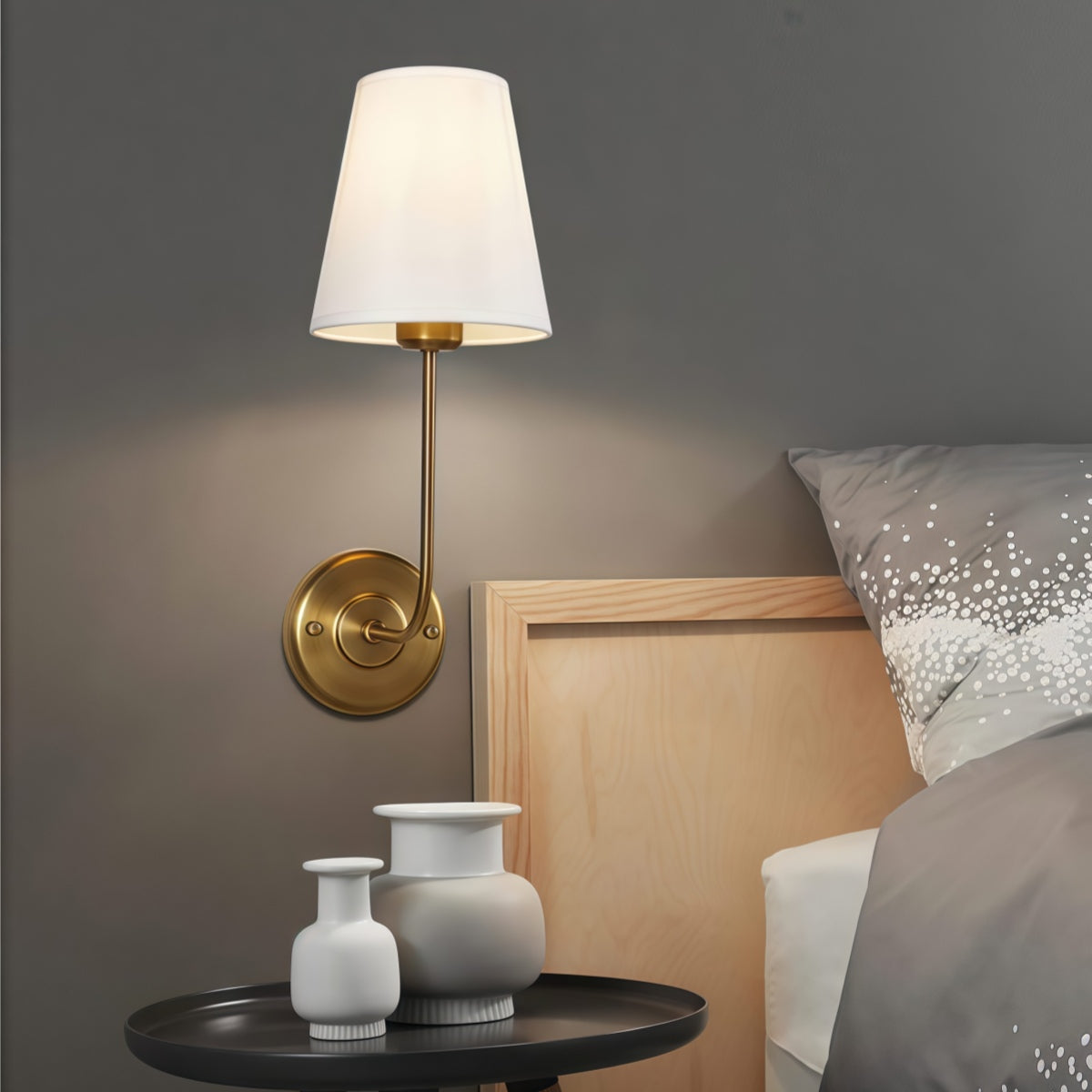 Rustic Cone Shape Fabric Wall Sconce – Antique Brass Metal Accent Light